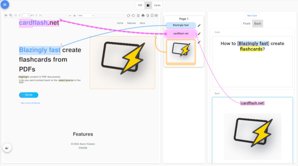 Screenshot of web interface for creating flashcards from a pdf document. Connecting lines are drawn between the cards and the document source.